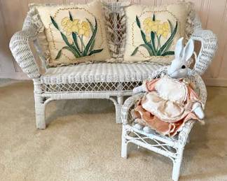 Miniature Wicker Couch And Chair With Pillows And Bunny Doll