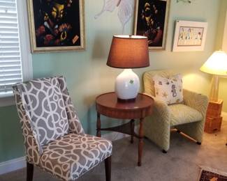 Bernhardt end tables; matching table lamps; upholstered swivel chairs; elegant area rug