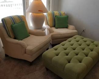 Arm chairs by Century Furniture; large ottoman made in USA