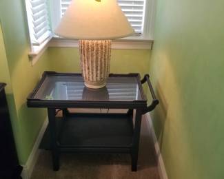 Bar cart; wicker table lamp