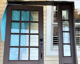 Mahogany front door with two side lights - professionally removed & ready to go! 