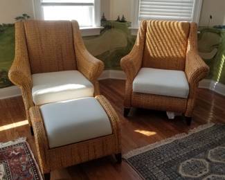 Woven seagrass arm chairs & ottoman by Palecek