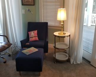 Mid-century modern arm chair & ottoman; 3-tier rolling cart
