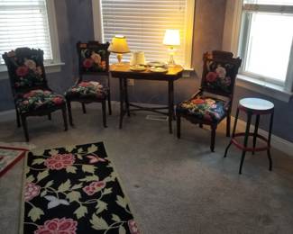 Victorian chairs; long floral runner