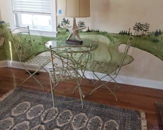 Glass top wrought iron dining set seats 3; fabulous starfish table lamp; beautiful area rug