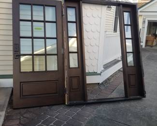 Craftsman-style entry door with two side lights & frame