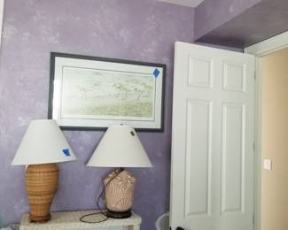Table lamps; wicker bookcase