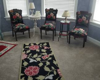Victorian chairs; long floral runner