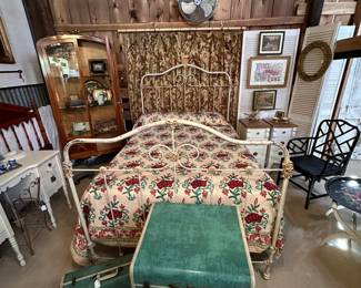 full metal bed, gorgeous crewel bed covering