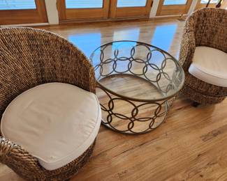 Two Round Rattan Barrel Chairs with Cushions.  Round Brass and Glass Modern Coffee/Side Table. 