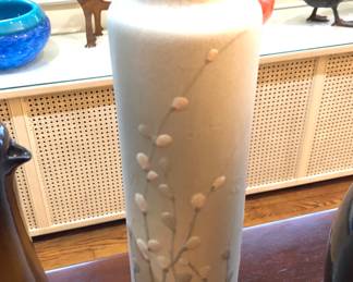 Owens pottery pussy willow vase with small glaze flake on rim