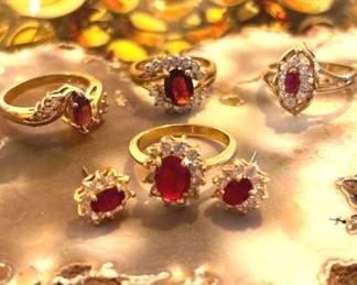 Ruby Like Gold Tone RingsEarrings  One 14kt