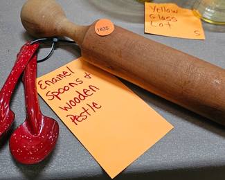 ENAMEL SPOONS AND WOODEN PESTLE