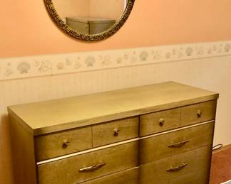 The Tan 3 piece (Plus Mirror)Bedroom Set is Bassett Furniture. $275. The Long Dresser is 50 inches long by 18 inches deep by 32 inches tall.
The Tall Chest of Drawers is 32 inches long by 18 inches deep by 42 inches tall.
The Headboard has Sliding Doors which I think is for a full size bed is 56 inches long 9 inches deep 36 1/2 inches tall And the footboard is also 56 inches long. $275