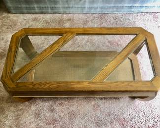 The coffee table is 50 inches long by 24 inches wide by 15 inches tall on wheels made in USA
The matching end table is 27 x 27 and 20 inches tall glass top cane bottoms in good shape
The blue sofa has some stains, is not in good condition $25