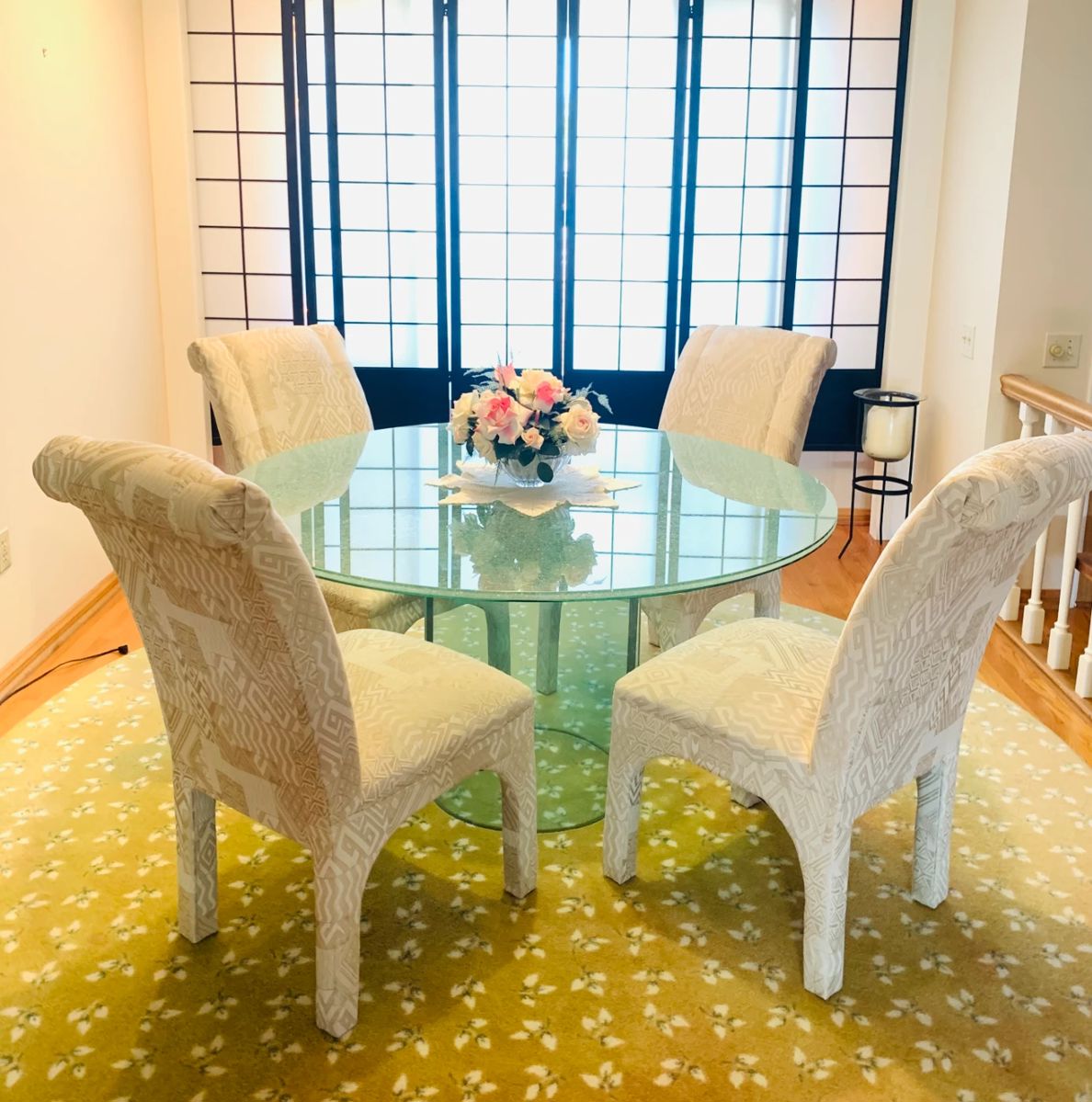 Glass Dining Table w/ 4 Upholstered Chairs