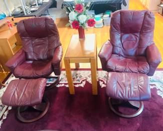 (2) Burgundy Leather Rocker Chairs w/Footstools