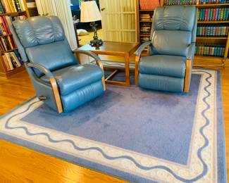 (2) Leather Blue Recliner Chairs - Blue Area Rug 7'8 x 7'8