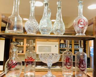 Close-up of Ruby Etched Decanters