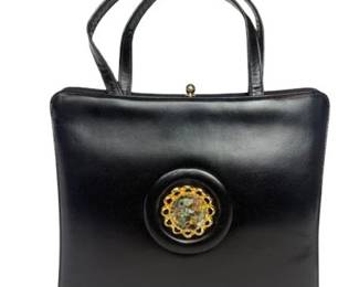 Vintage Black Leather Handbag with Stone Accent