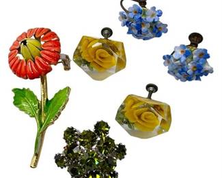 Midcentury Colorful Ladies Brooches and Clip-On Earrings Jewelry Collection