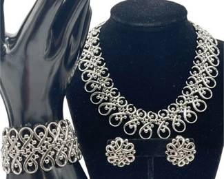 Vtg Trifari Arabesque Filigree Silver Toned Necklace Bracelet & Clip-on Earrings