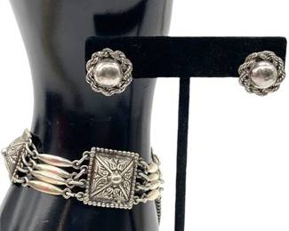 Vtg Sterling Silver Salamone Bracelet & Sterling Silver Clip-On Earrings