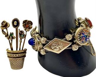 Vtg Thimble Stick Pin Cameo Brooch w/ Victorian Mixed Gemstone Panel Bracelet