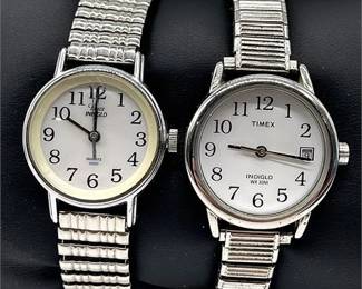 Vtg Timex Indiglo Silver Toned Stretch Band Ladies Watches
