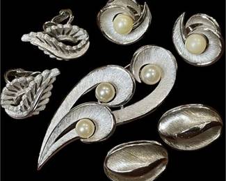 Vintage Trifari Silver Toned Brooch and Clip-On Earrings w/ Faux Pearls