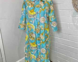 Vintage Vibrant Saybury Maxi Dress or House Robe w/ Pockets & Rhinestone Buttons