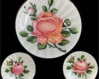 Norway Sterling Silver Guilloche Enamel Rose Pin & Clip-on Earrings -Finn Jensen