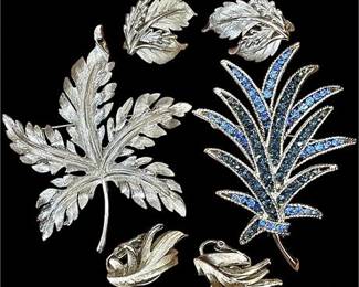 Vintage Trifari Silver Toned Leaf Brooches and Clip-On Earrings
