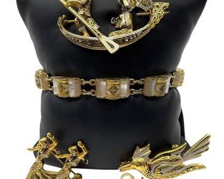 Collection of Vtg Damascene Jewelry - Lucite Bracelet and Brooches