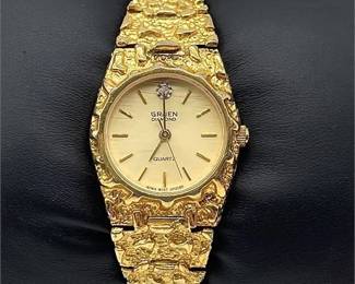 Vtg Gruen Diamond Quarts Ladies Nugget Style Gold Toned Watch