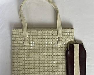 Vtg Cream Colored Purse with Shimmery Squares and Cigarette / Coin Pouch