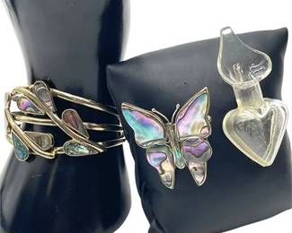 Vtg Mexican Alpaca & Abalone Shell Brooch & Cuff Bracelet w/ Aquapin