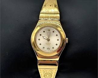 Vtg Swatch Swiss Made Ladies Gold Toned Cuff Band Watch