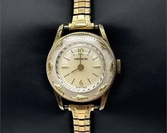 Vtg Manson Swiss Made Gold Toned Stretch Band Ladies Watch w/ White Enamel Face