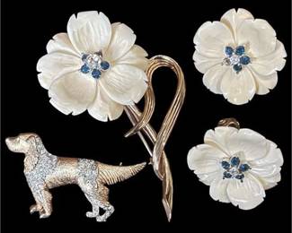 Vtg Boucher Gold Toned Rhinestone Flower Brooch & Clip-on Earrings w/ Dog Brooch