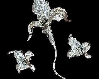 Vintage Monet Silver Toned Flower Brooch & Clip-On Earrings Set