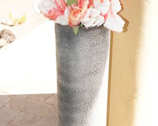 Tall tin planters with faux florals x 2