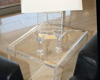 Lucite end table & Williams Sonoma crystal table lamp