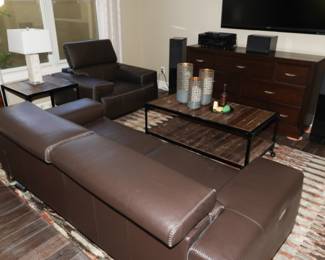Living Spaces leather sofa, chair with slat wood & iron coffee table and end table and alabaster & lucite table lamp