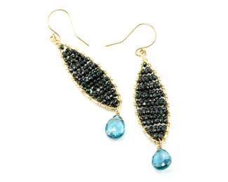 Black spinel, blue topaz & 14k earrings by Mabel Chong