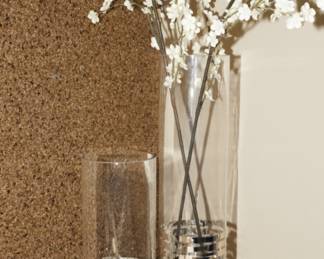 Set of 2 silver etched glass vases with faux florals