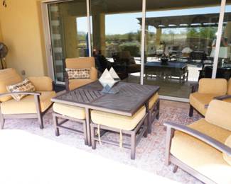 Custom made Asian inspired table with 4 seats and Mallin patio chairs with high end comfortable cushions