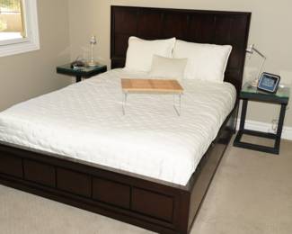 Dark wood panel bed frame-queen size with two tempered glass & iron "C" end tables