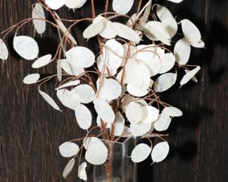 Faux mother of pearl florals in glass vase