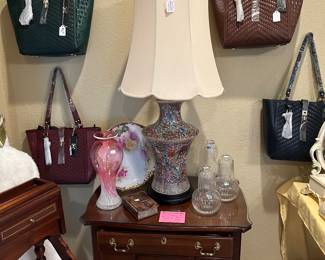 Pair of antique lamps, lots of purses